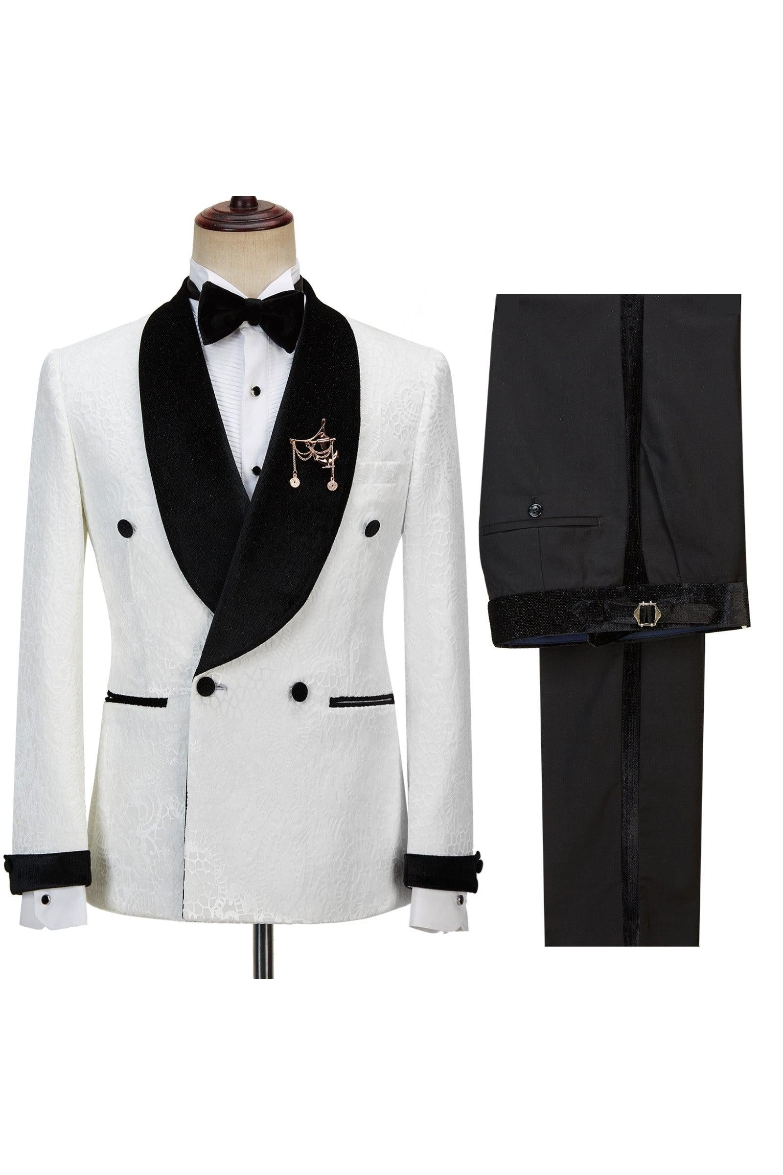 Jesus Chic Sparkle Shawl Lapel Jacquard Double Breasted White Wedding Suits-BallBride