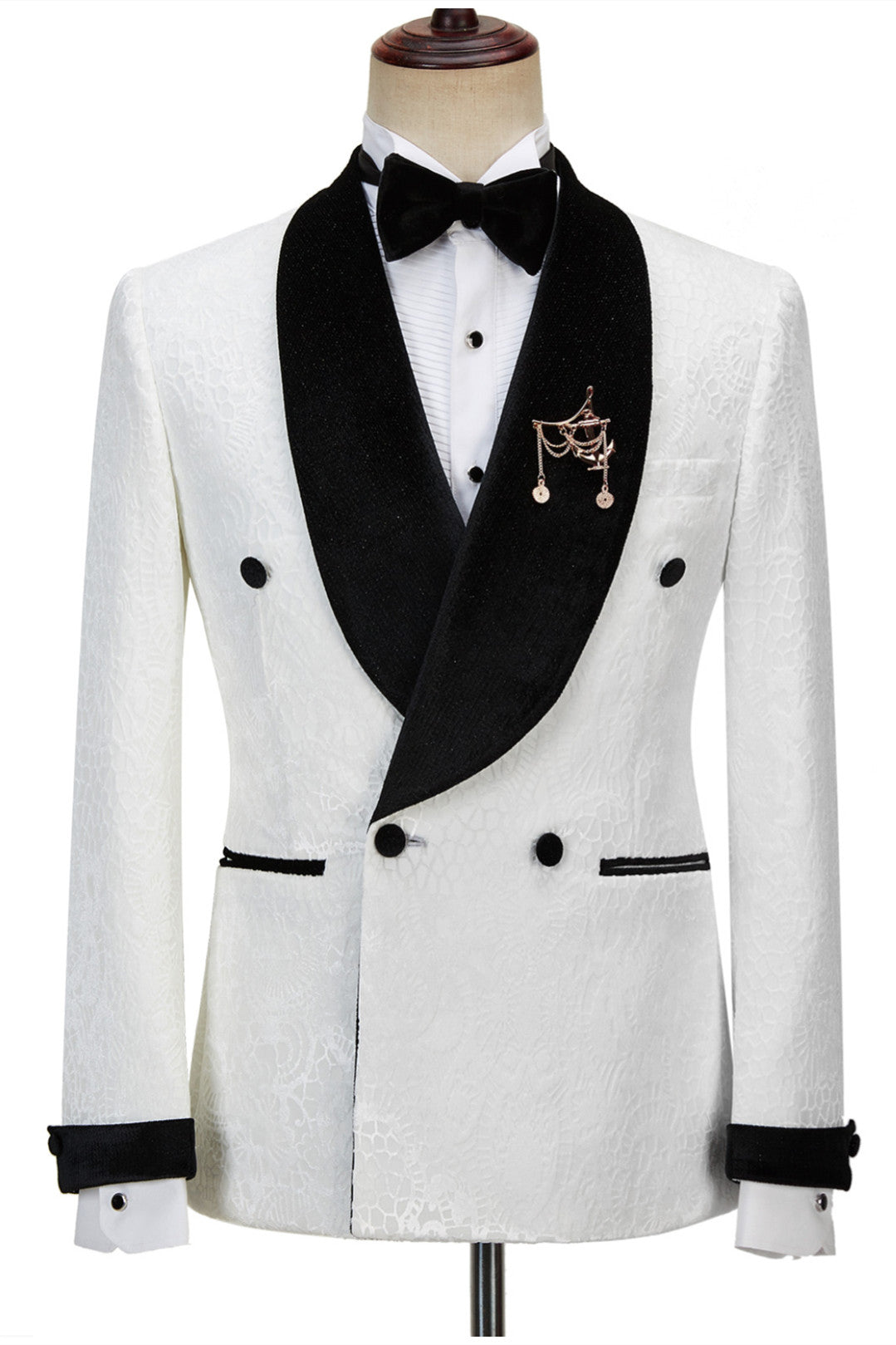 Jesus Chic Sparkle Shawl Lapel Jacquard Double Breasted White Wedding Suits-BallBride