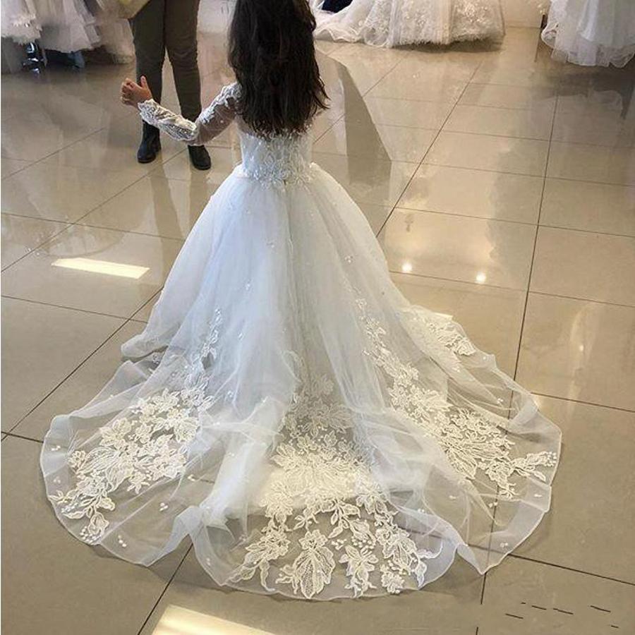 Jewel Long Sleeves A-line Flower Girl Dresses with Tulle Lace Appliques-BallBride