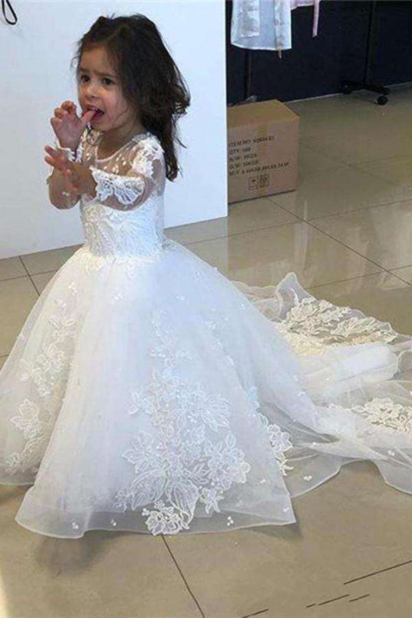Jewel Long Sleeves A-line Flower Girl Dresses with Tulle Lace Appliques-BallBride