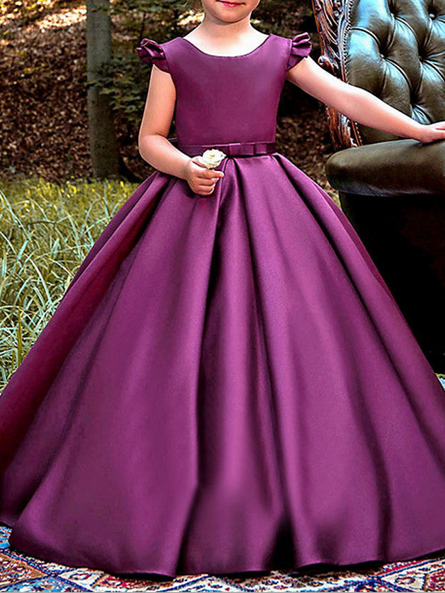 Jewel Neck Cap Sleeve A-Line Flower Girl Dress with Ruching - Floor Length-BallBride