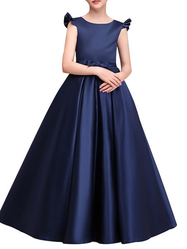 Jewel Neck Cap Sleeve A-Line Flower Girl Dress with Ruching - Floor Length-BallBride