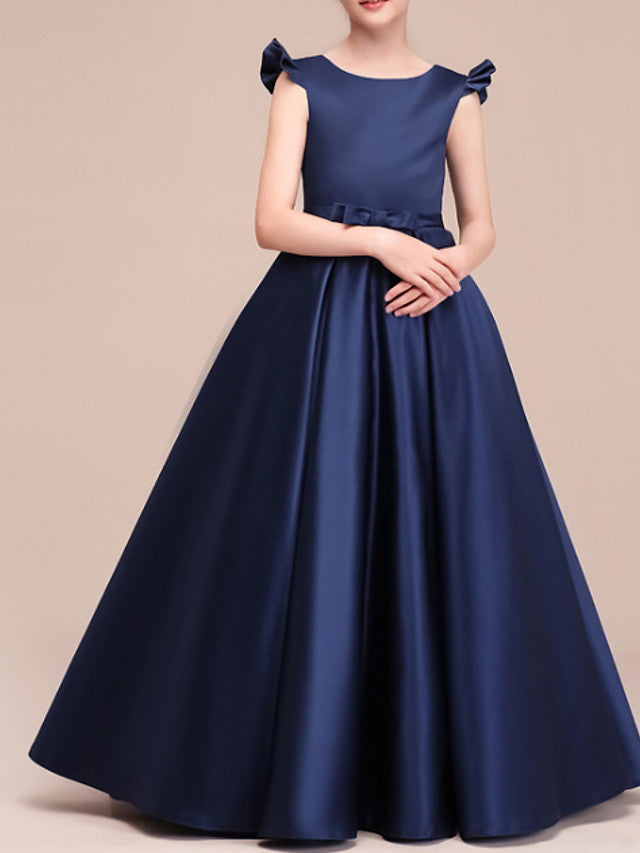 Jewel Neck Cap Sleeve A-Line Flower Girl Dress with Ruching - Floor Length-BallBride