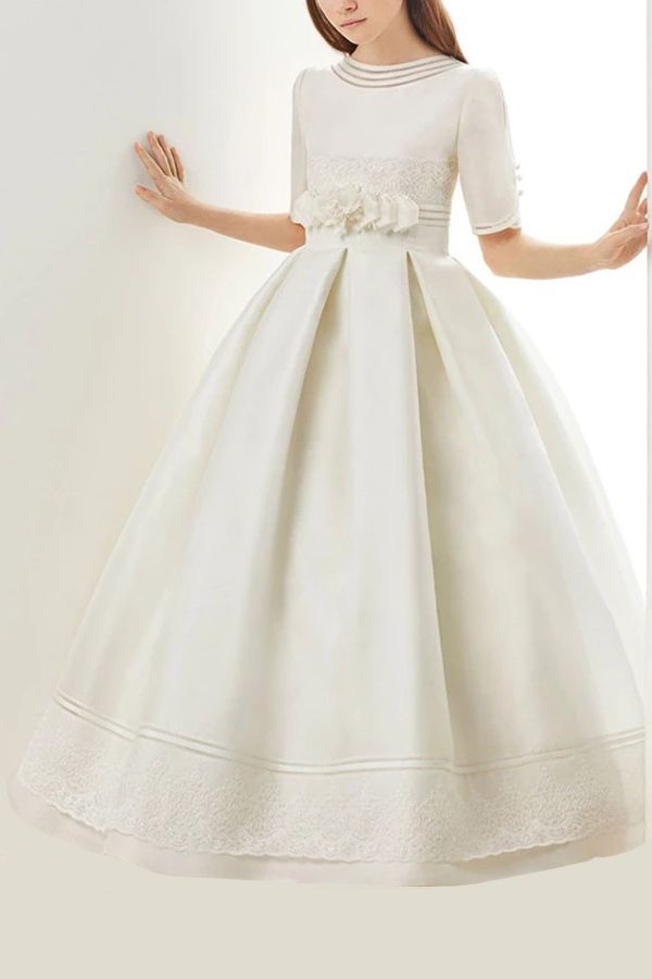 Jewel Neck Half Sleeves Flower Girl Dress with Lace Handmade Flowers Ruffles-BallBride