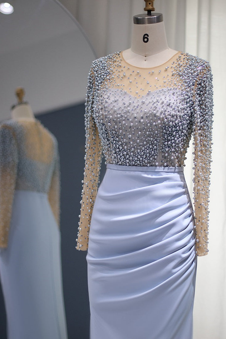Jewel Neck Mermaid Prom Dress with Long Sleeves and Beaded Wrinkles-BallBride