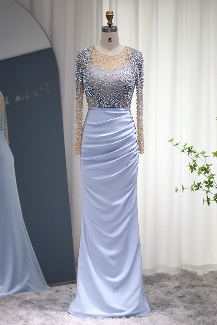 Jewel Neck Mermaid Prom Dress with Long Sleeves and Beaded Wrinkles-BallBride