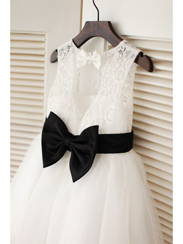 Jewel Sleeveless A-Line Tea Length Flower Girl Dress with Tulle and Lace Satin Belt-BallBride