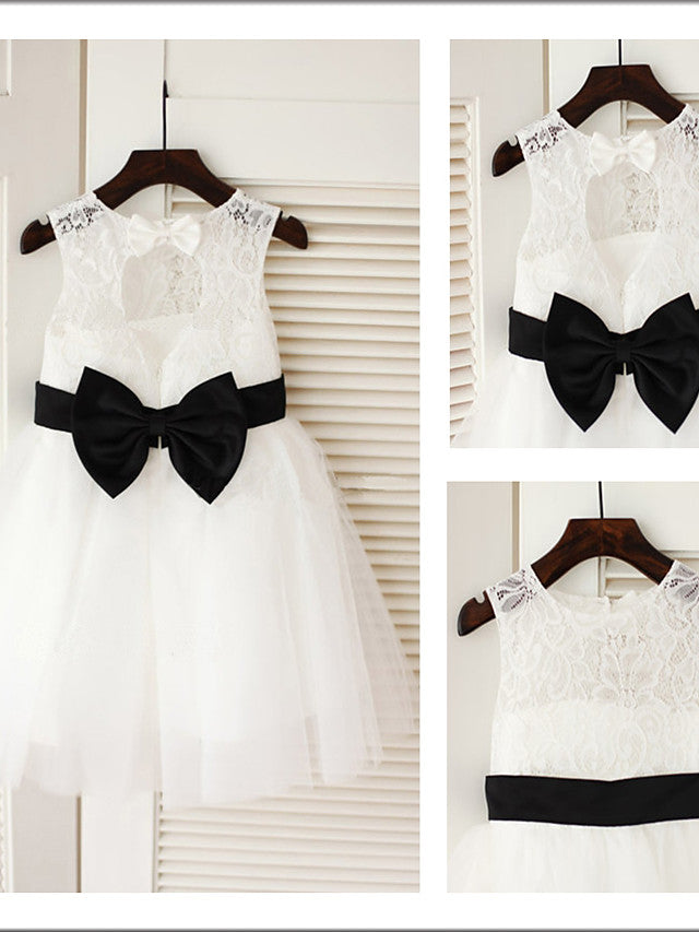 Jewel Sleeveless A-Line Tea Length Flower Girl Dress with Tulle and Lace Satin Belt-BallBride