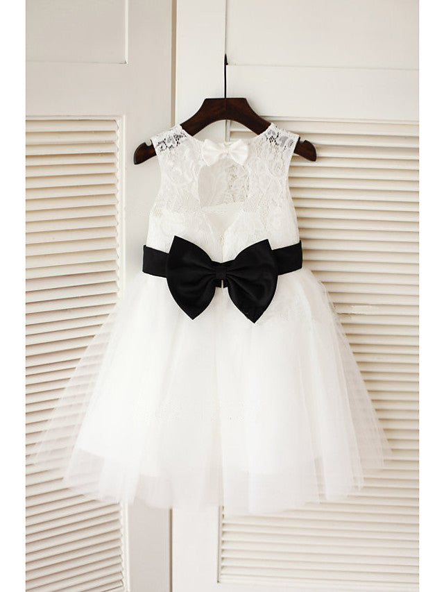 Jewel Sleeveless A-Line Tea Length Flower Girl Dress with Tulle and Lace Satin Belt-BallBride