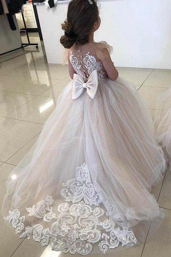 Jewel Sleeveless Ball Gown with Lace Appliques and Bow for Flower Girl Dress-BallBride