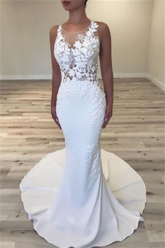Jewel Sleeveless Long Wedding Dress with Lace Appliques-BallBride