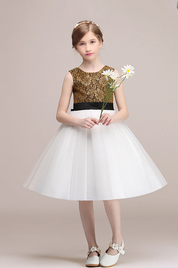 Jewel Sleeveless Polyester Flower Girl Dress with Bow and Tulle-BallBride