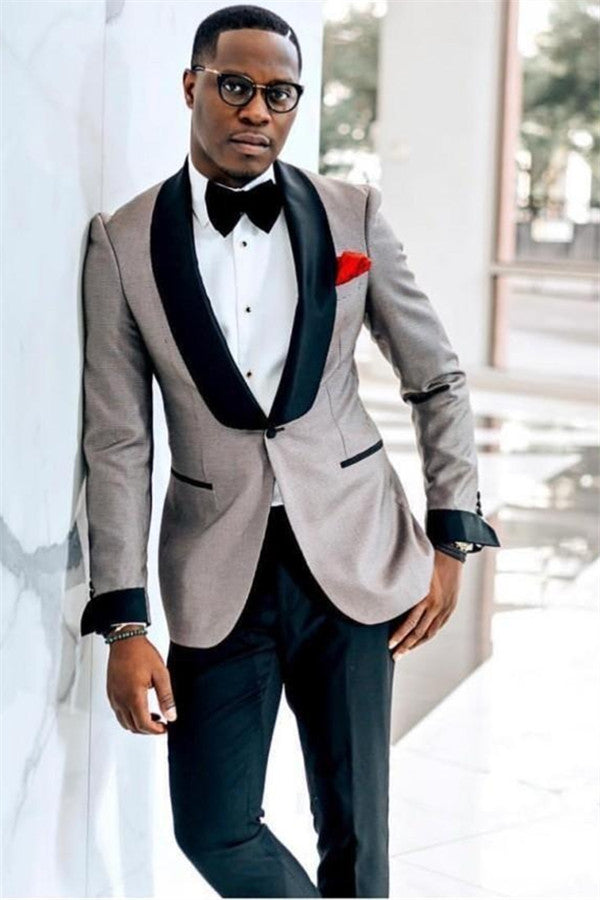 John Gray One Button Wedding Groom Mens Suit with Black Lapel-BallBride
