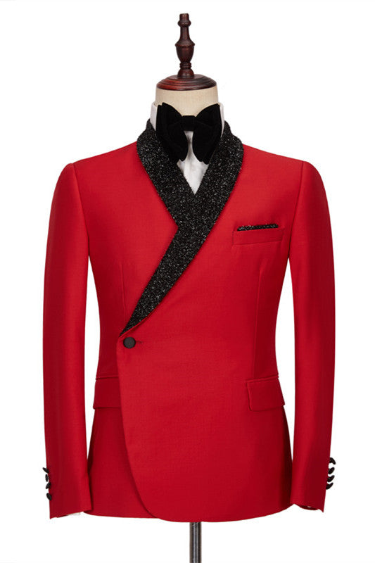 Joseph Bespoke Wedding Men Suits with Red Shawl Lapel and Black Pants-BallBride
