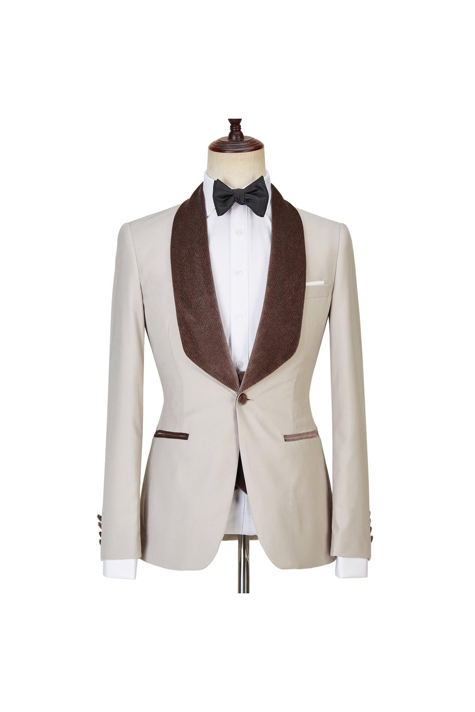 Joseph Fashion Light Champagne Shawl Lapel Shiny Slim Fit Three Pieces Men Suits-BallBride