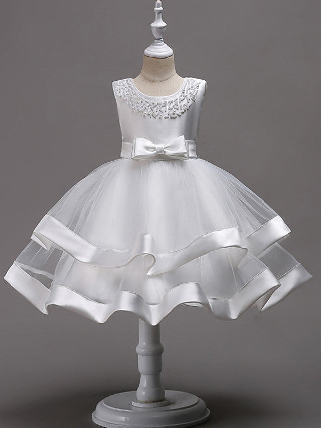 Knee Length Flower Girl Dresses With Faux Pearl Bow Beading-BallBride