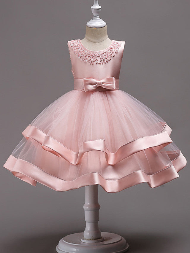 Knee Length Flower Girl Dresses With Faux Pearl Bow Beading-BallBride