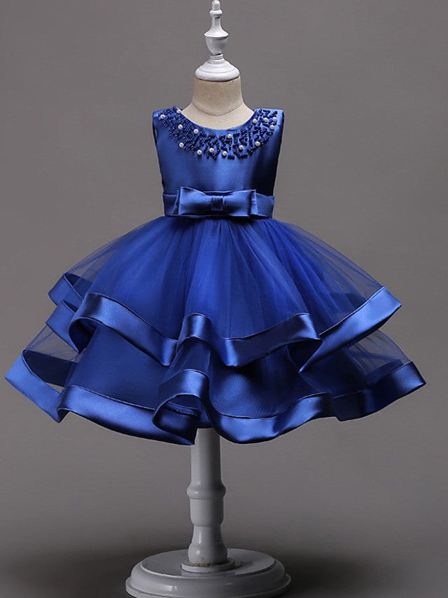 Knee Length Flower Girl Dresses With Faux Pearl Bow Beading-BallBride