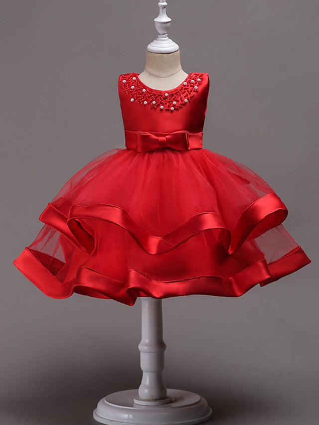 Knee Length Flower Girl Dresses With Faux Pearl Bow Beading-BallBride