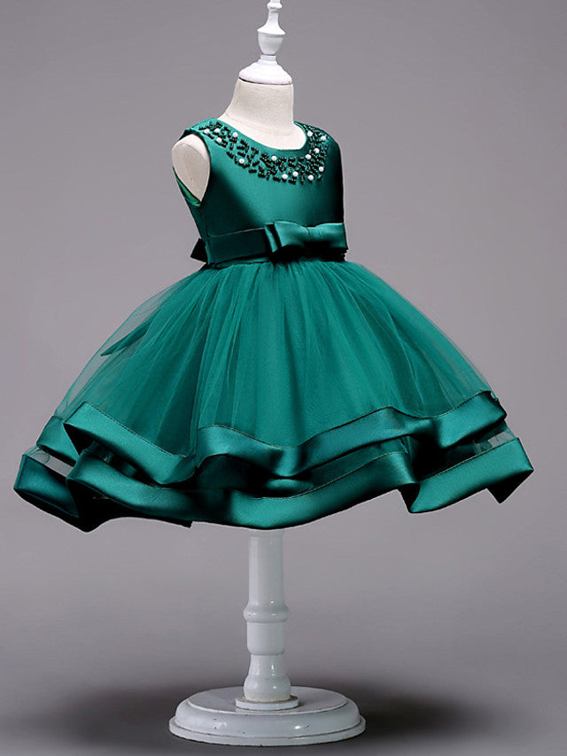 Knee Length Flower Girl Dresses With Faux Pearl Bow Beading-BallBride