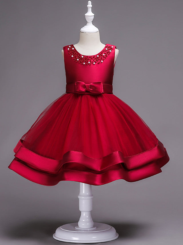 Knee Length Flower Girl Dresses With Faux Pearl Bow Beading-BallBride