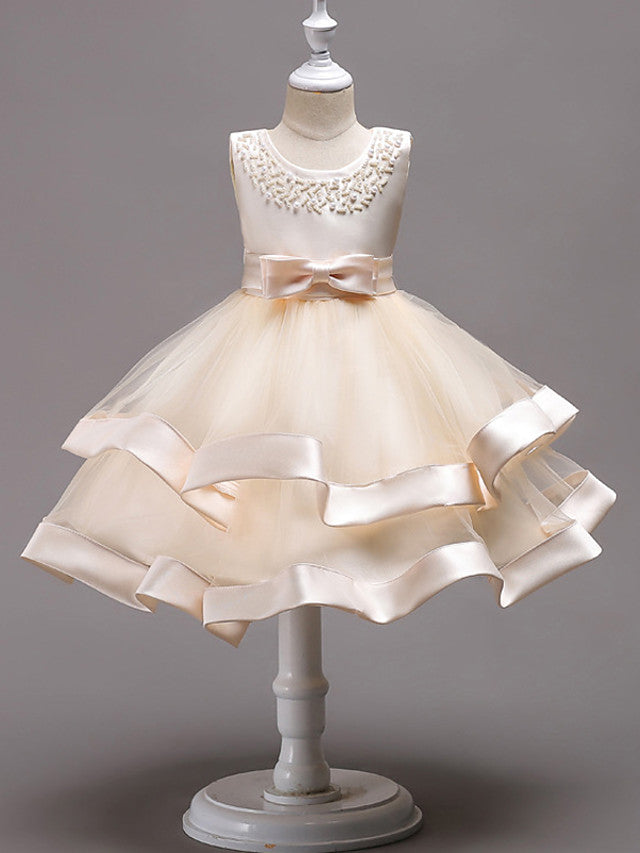 Knee Length Flower Girl Dresses With Faux Pearl Bow Beading-BallBride