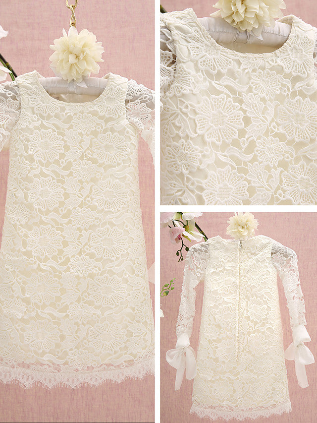 Knee Length Long Sleeve Column Flower Girl Dress with Lace Jewel Neck-BallBride