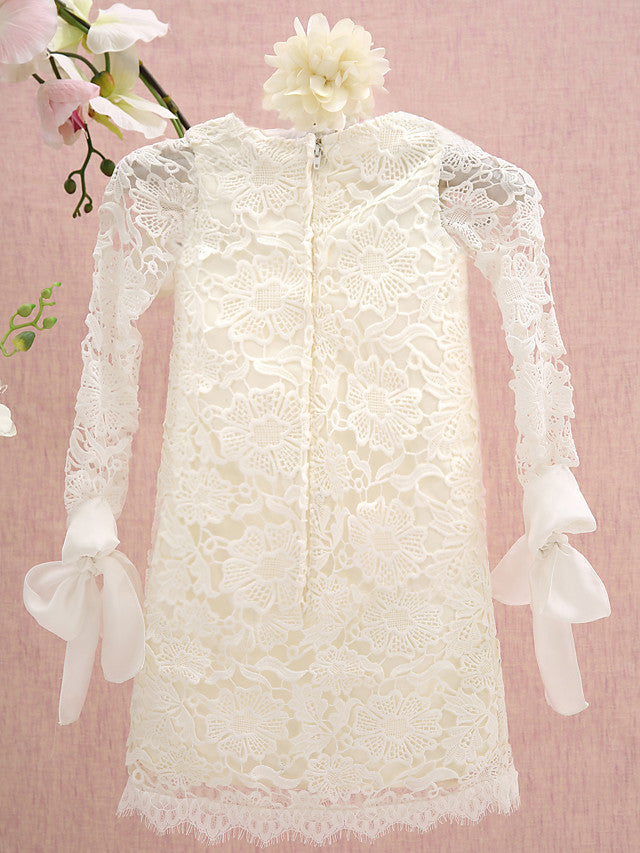 Knee Length Long Sleeve Column Flower Girl Dress with Lace Jewel Neck-BallBride