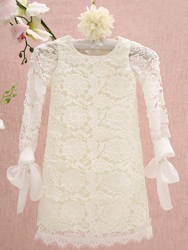 Knee Length Long Sleeve Column Flower Girl Dress with Lace Jewel Neck-BallBride