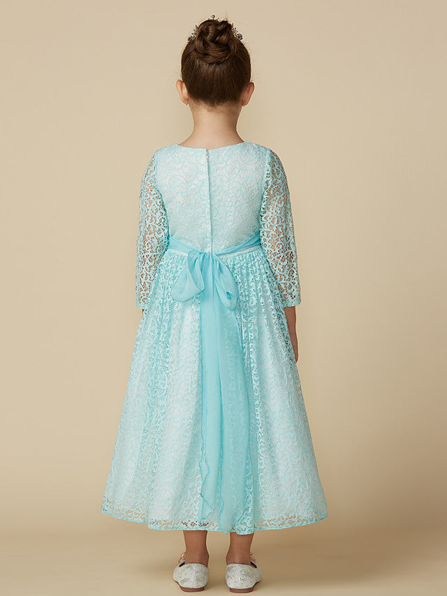 Lace 3/4 Length Sleeve A-Line Tea Length Party Dress with Sash Ribbon & Crystal Brooch-BallBride