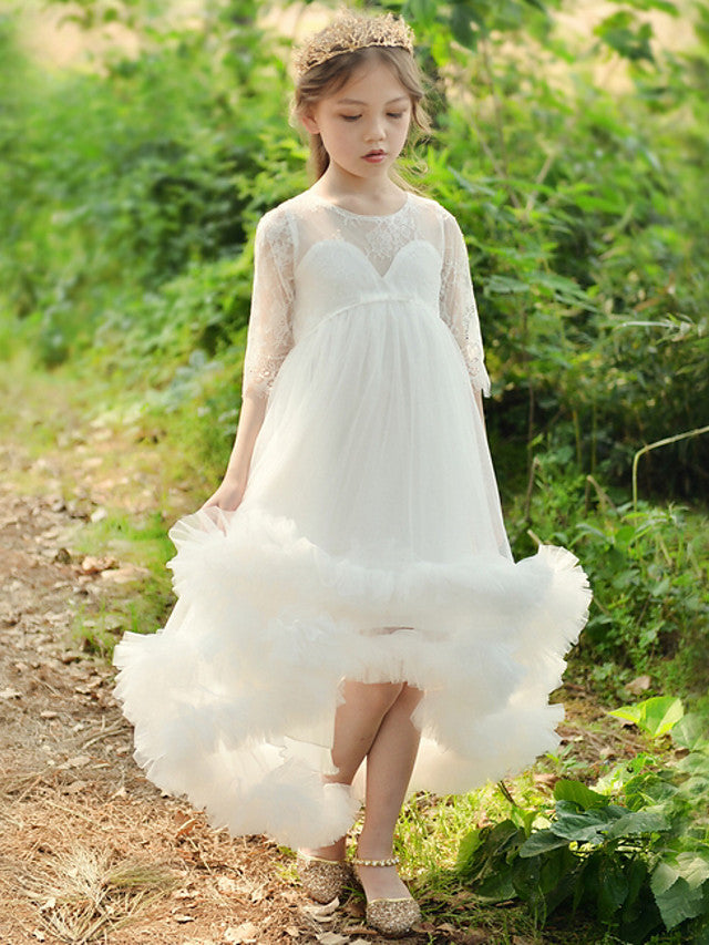 Lace 3/4 Length Sleeve Jewel Neck Ball Gown Flower Girl Dress-BallBride