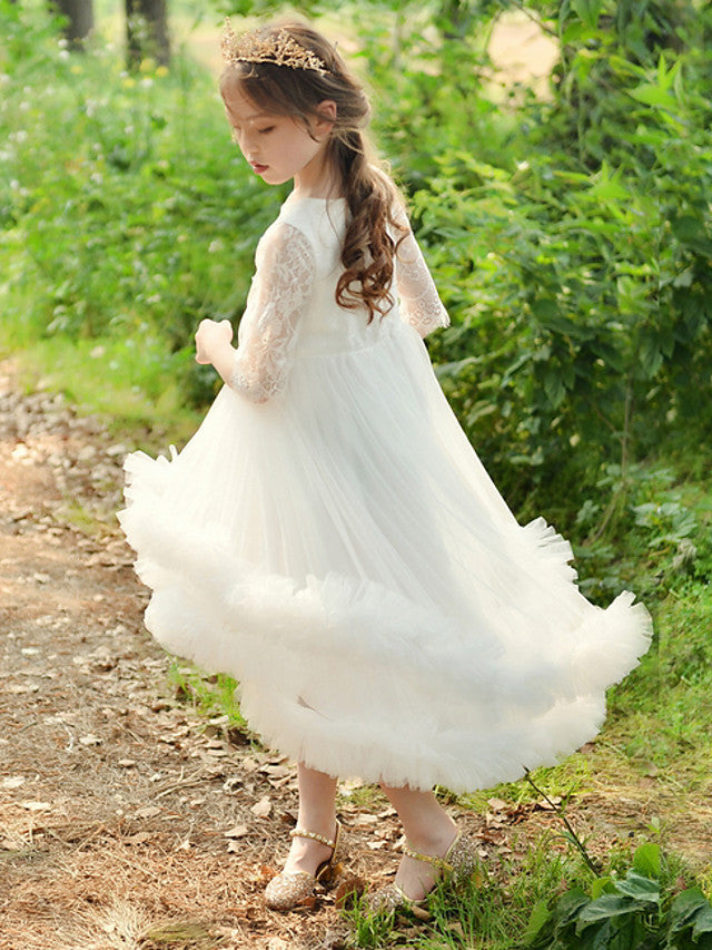 Lace 3/4 Length Sleeve Jewel Neck Ball Gown Flower Girl Dress-BallBride