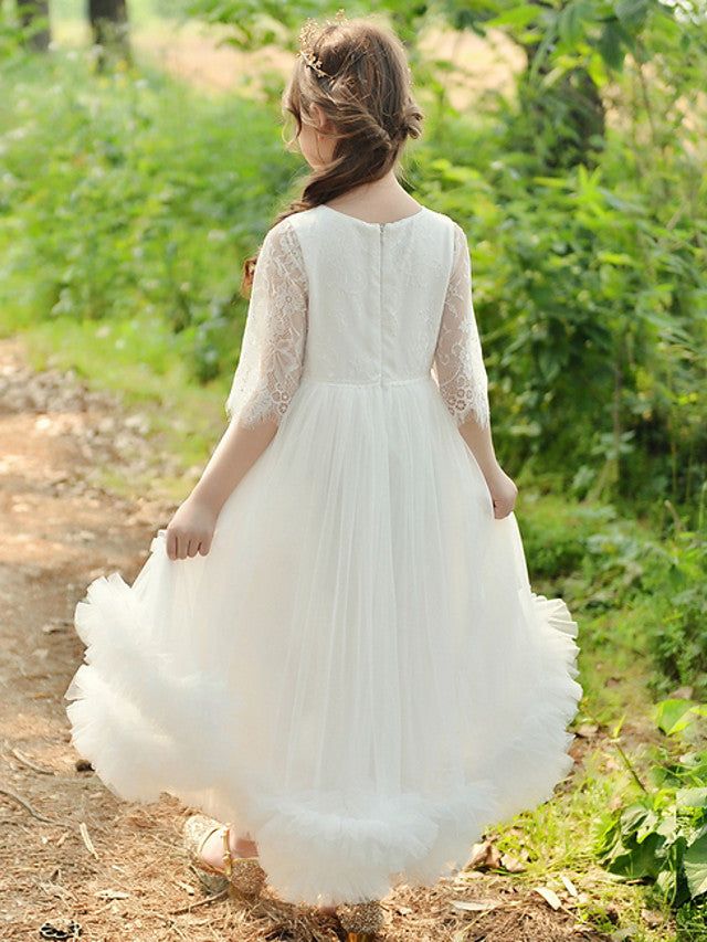 Lace 3/4 Length Sleeve Jewel Neck Ball Gown Flower Girl Dress-BallBride
