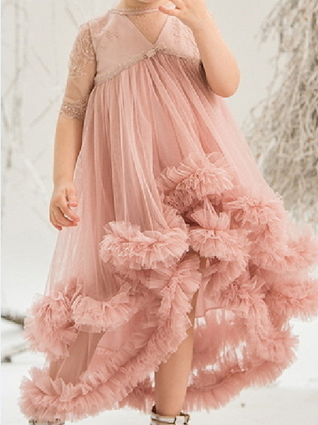 Lace 3/4 Length Sleeve Jewel Neck Ball Gown Flower Girl Dress-BallBride