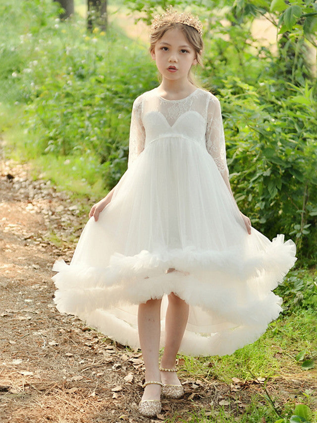 Lace 3/4 Length Sleeve Jewel Neck Ball Gown Flower Girl Dress-BallBride