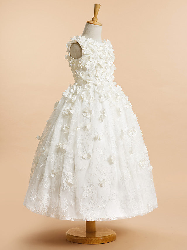 Lace-Accented Sleeveless A-Line Tea Length Flower Girl Dress-BallBride