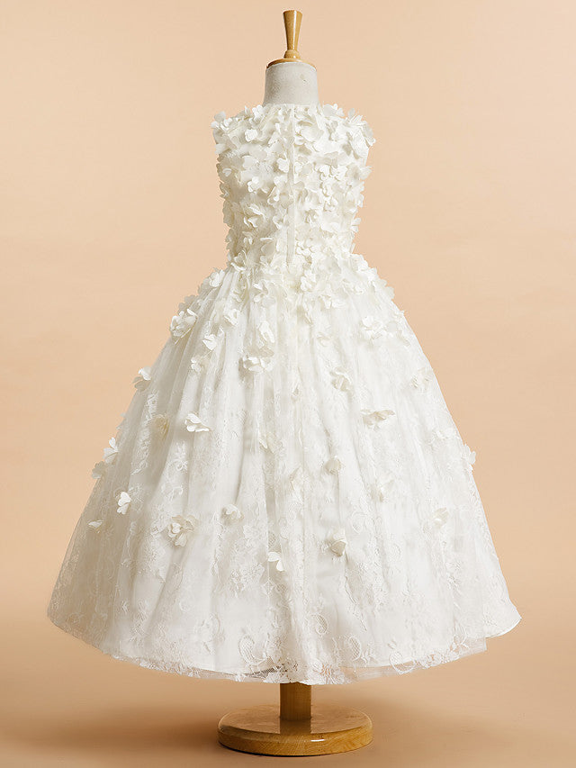 Lace-Accented Sleeveless A-Line Tea Length Flower Girl Dress-BallBride