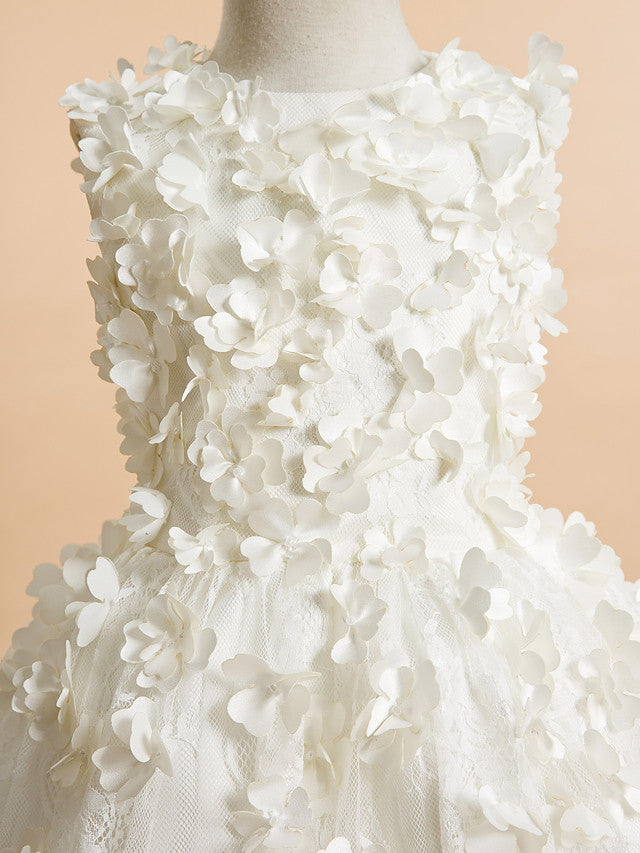 Lace-Accented Sleeveless A-Line Tea Length Flower Girl Dress-BallBride