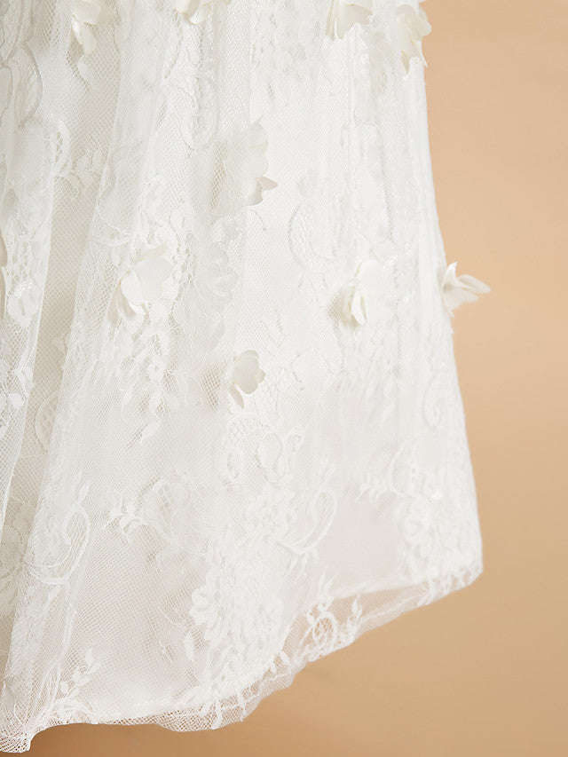Lace-Accented Sleeveless A-Line Tea Length Flower Girl Dress-BallBride