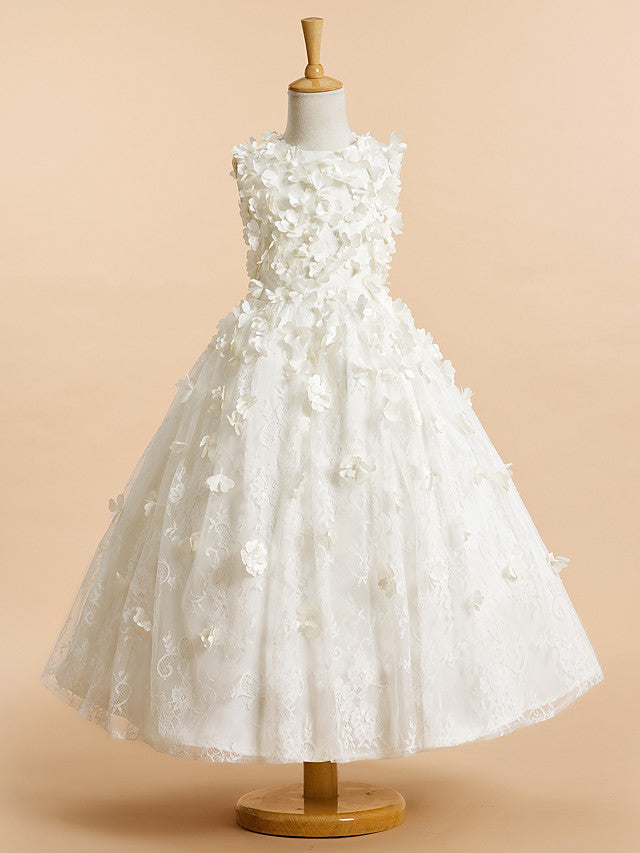 Lace-Accented Sleeveless A-Line Tea Length Flower Girl Dress-BallBride