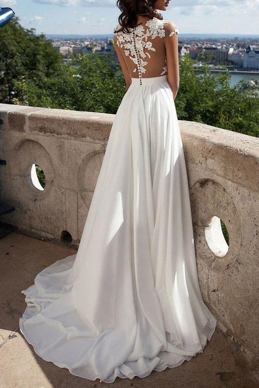 Lace Appliqu¡§| Beach Wedding Dress with Front Split-BallBride