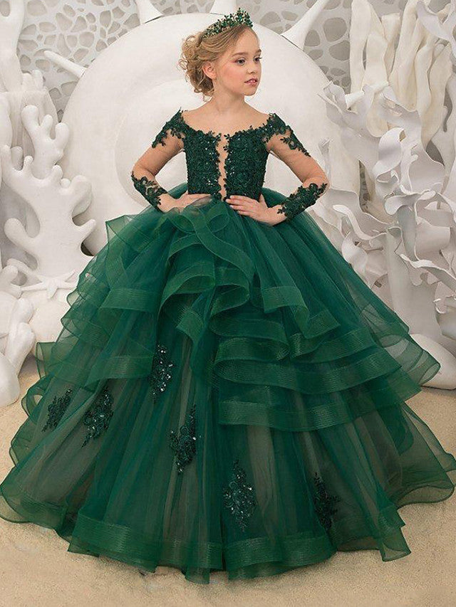Lace Applique Ball Gown with Tier Skirt for Flower Girl Dress-BallBride