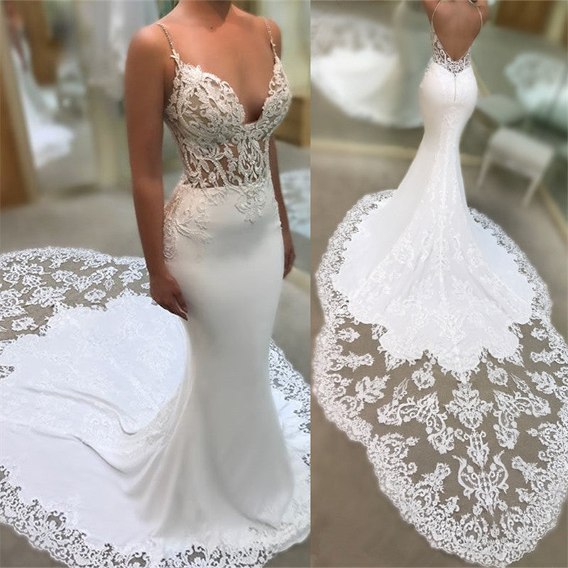 Lace Applique Mermaid Wedding Dress with Spaghetti-Straps V-Neck - New Arrival-BallBride