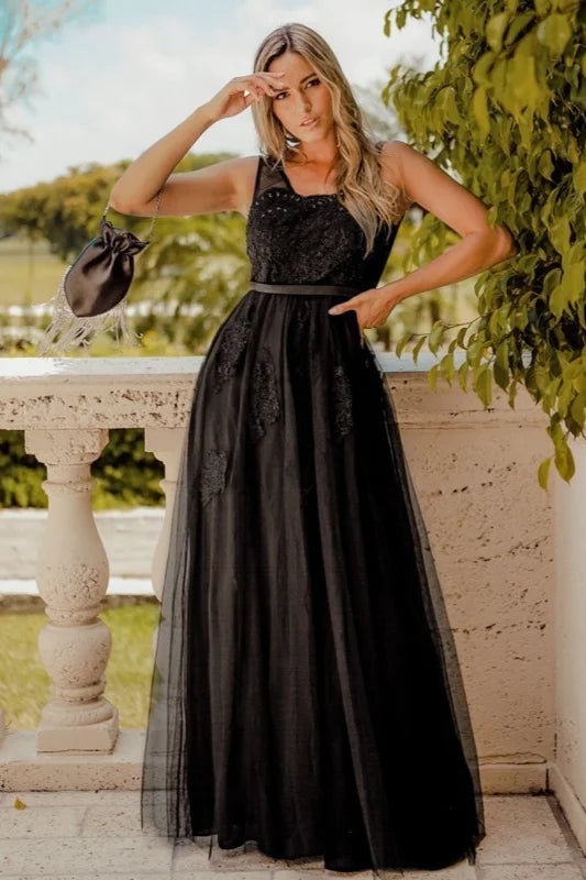 Lace Appliques Sleeveless Long Evening Prom Dress Online-BallBride