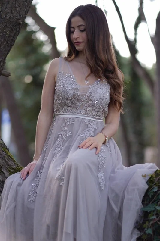 Lace Appliques Sleeveless Long Evening Prom Dress Online-BallBride
