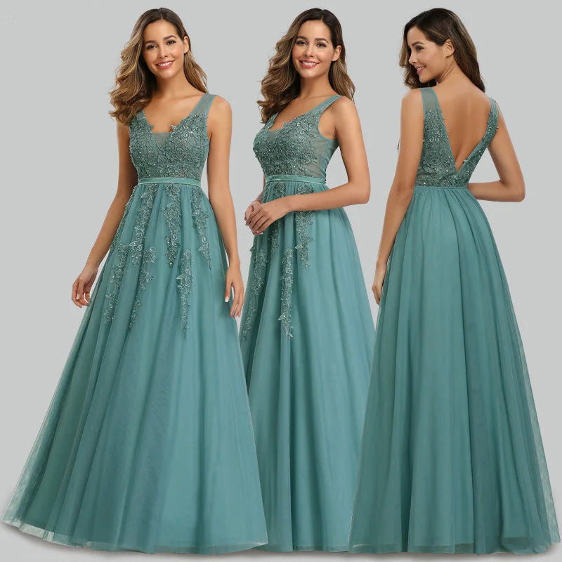 Lace Appliques Sleeveless Long Evening Prom Dress Online-BallBride