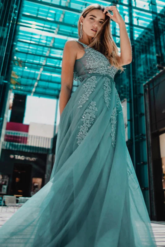 Lace Appliques Sleeveless Long Evening Prom Dress Online-BallBride