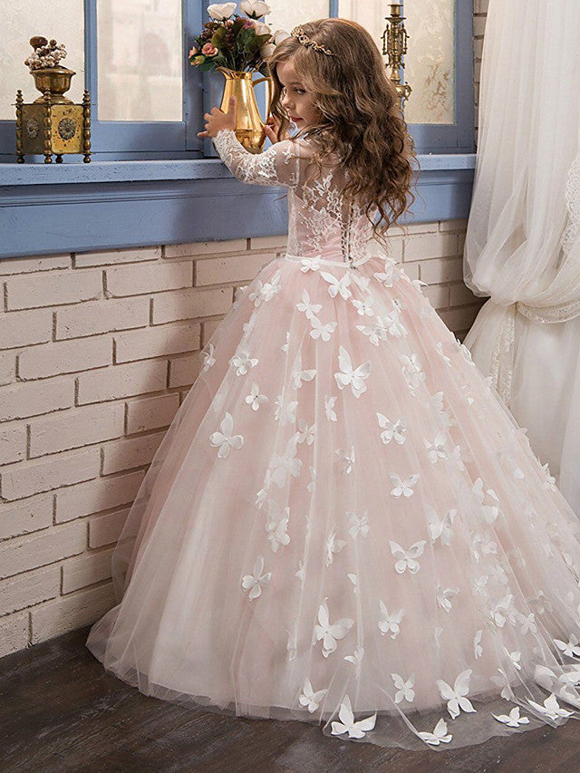 Lace Ball Gown with Bow Appliques and Buttons - Long Sleeve Jewel Neck Flower Girl Dress-BallBride