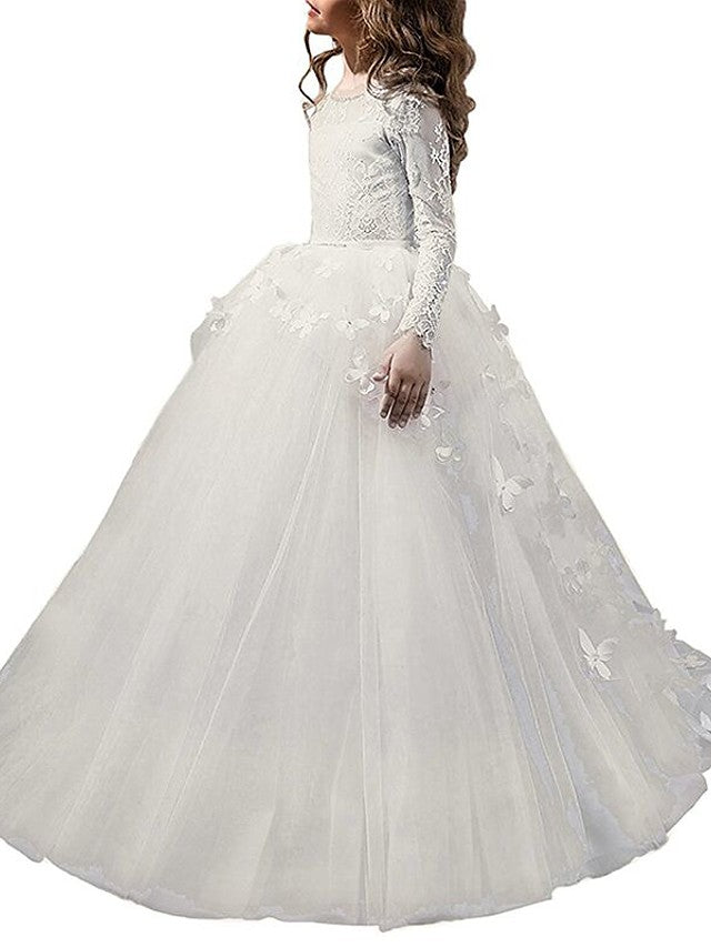 Lace Ball Gown with Bow Appliques and Buttons - Long Sleeve Jewel Neck Flower Girl Dress-BallBride