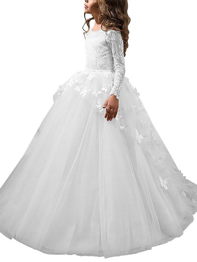 Lace Ball Gown with Bow Appliques and Buttons - Long Sleeve Jewel Neck Flower Girl Dress-BallBride